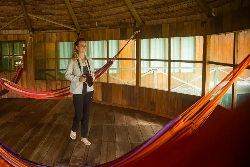 Interior with hammocks and Zacambú Eco Lodge view | Amazon Jungle Trips