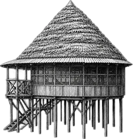 Stilt maloca engraving style | Amazon Jungle Trips