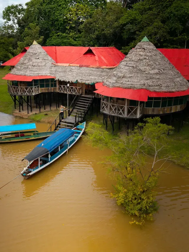 View of Zacambú Eco Lodge from the lake phone | Amazon Jungle Trips